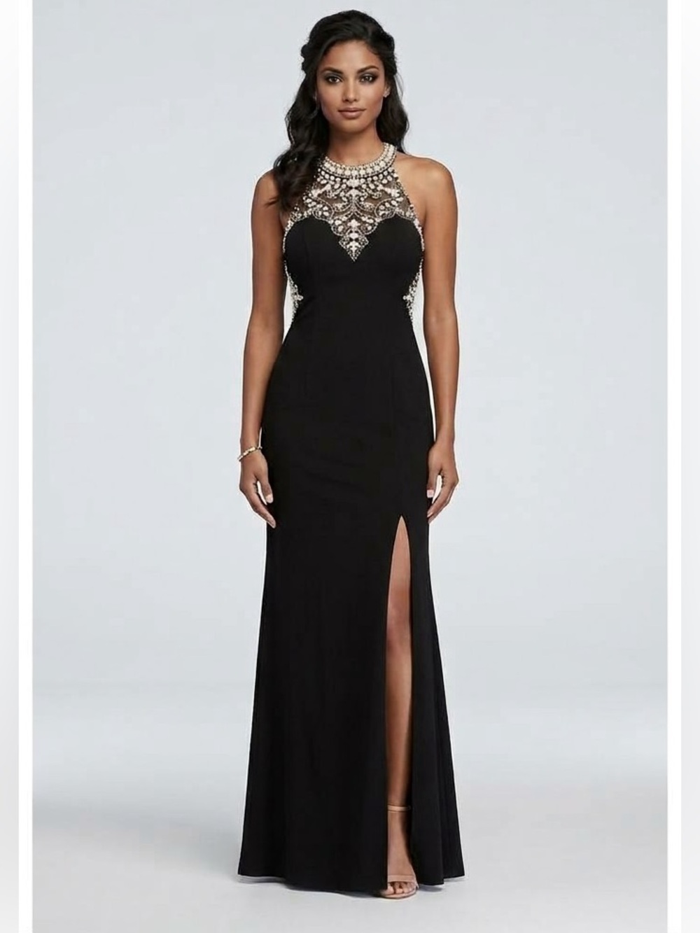 NWT• David's Bridal Black Rhinestone Halter Open Back Prom Gown 6 Glam